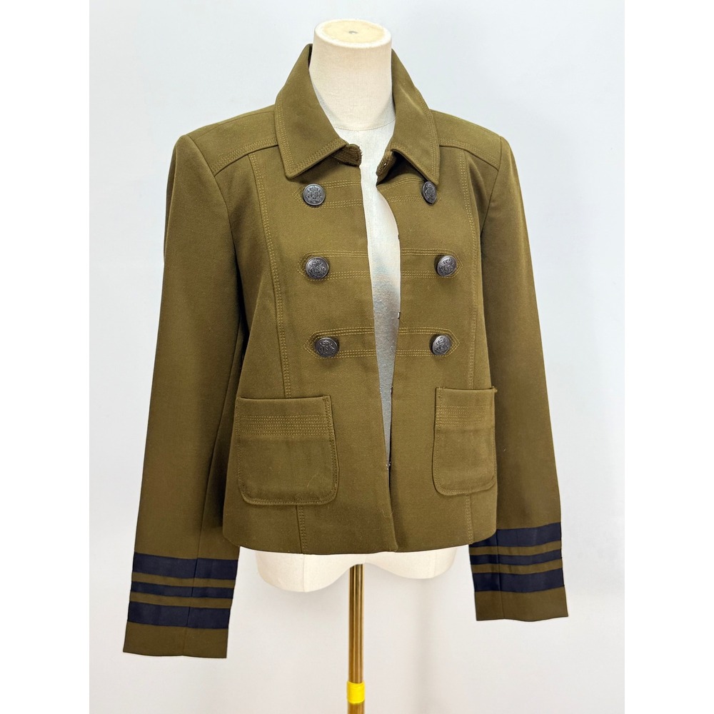 LOFT Olive Green Military Jacket Crest Button Stripe Cuff Size 10